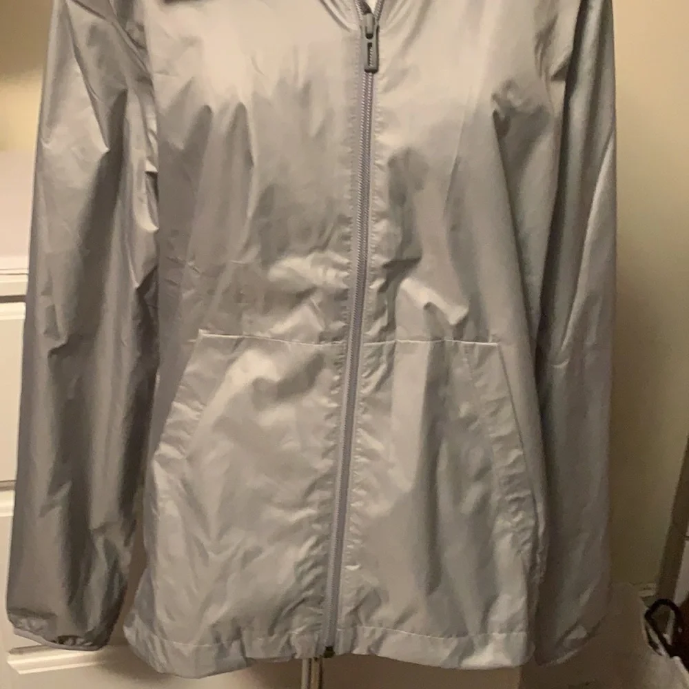 Adidas light gray polyester sports jacket, logo down sleeve, medium